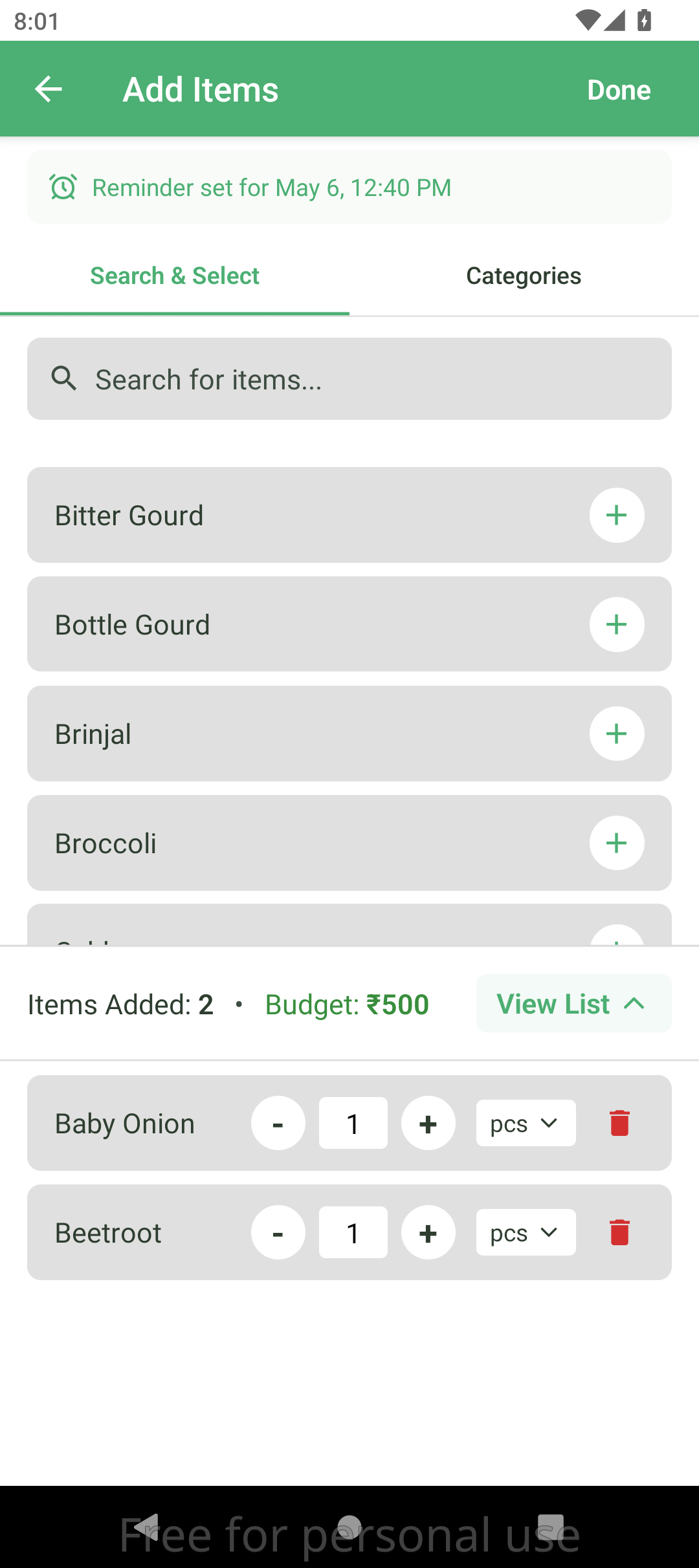 App Screenshot – Add Items to List