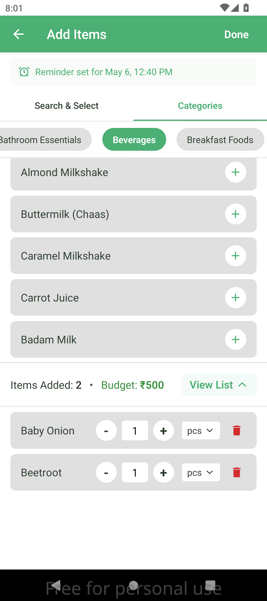 App Screenshot – Select Items from Categories and Add to List